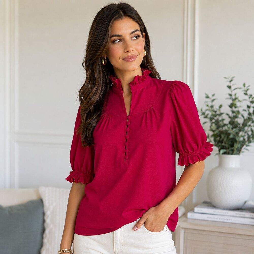 Pomander Place Selena Blouse XS Pink Ruffle Neck Puff Sleeve Button Front Top